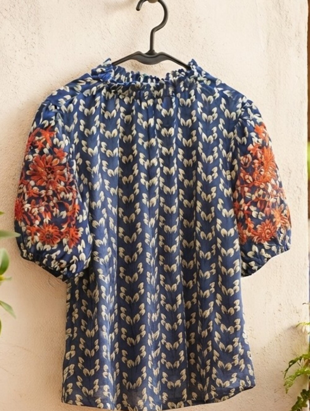 SHEIN Boho Embroidered Puff Sleeve Blouse Blue Cream Floral Peasant Top - Picture 2 of 9